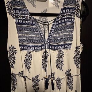 Women's Boho Embroidered V-Neck Tank Dress - White & Navy